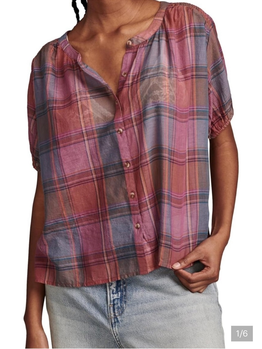 Lucky Brand Smocked Shoulder Blouse Sheer Cotton Mauve Plaid Oversized Sz L